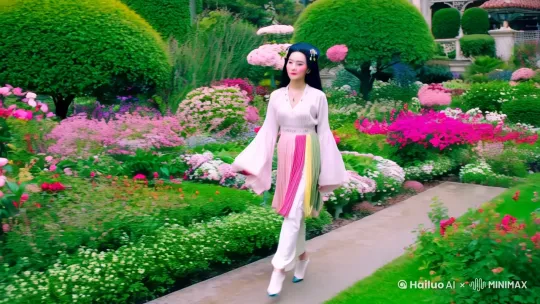 潘金莲是个超级漂亮的女人，她的美貌让人一眼难忘。她的眼睛弯弯的，像初春的柳叶一样，总是带着一丝娇羞和妩媚。她的脸蛋红扑扑的，就像三月的桃花，特别有女人味。她的身材也很棒，身材苗条，走起路来轻盈得像一朵花在风中摇曳。
她特别会打扮自己，头发乌黑发亮，梳得整整齐齐，还插着各种漂亮的小簪子。她穿的衣服也很讲究，大袖子的衫子配上精致的裙子，看起来特别有气质。她的鞋子是白绫做的，鞋底很高，走起路来一摇一摆的，特别有韵味。她的配饰也很精致，比如玲珑的坠子和绣花的汗巾，都显得特别有品味。
在西门府的花园里，潘金莲就像是一朵最鲜艳的花。花园里到处都是花花草草，景色很美，但她一站出来，所有人都会被她的美貌吸引。她的一颦一笑都充满了魅力，让人忍不住多看几眼。她的美貌不仅让男人心动，连女人都会觉得她特别出众。 by Hailuo AI Video Generator