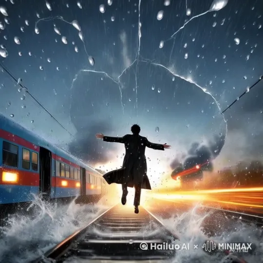视频标题‌：《雨幕中的樱花簪》

‌场景一‌：

‌镜头‌：大特写，雨滴悬在车窗上，晶莹剔透，缓缓滑落。
‌音效‌：轻柔的雨声，背景是隐约的雷声。
‌持续时间‌：3秒
‌场景二‌：

‌镜头‌：快速后拉，从雨滴特写拉至整个车窗，再拉至车外暴雨中的景象。
‌画面‌：黑色风衣男人逆光而立，面容模糊，只能看到轮廓和随风飘动的风衣。
‌音效‌：雨声加大，雷声更近。
‌持续时间‌：5秒
‌场景三‌：

‌镜头‌：慢镜头，列车挟着蒸汽从暴雨中驶来，冲破雨幕，车灯闪烁。
‌画面‌：列车逐渐靠近，与男人形成对比。
‌音效‌：列车行驶的声音，蒸汽喷发的声音。
‌持续时间‌：4秒
‌场景四‌：

‌镜头‌：冷蓝色滤镜突然裂开，画面转为暖金色调。
‌画面‌：男人扯开领带，眼神坚定，准备跳跃。
‌音效‌：紧张的背景音乐开始。
‌持续时间‌：2秒
‌场景五‌：

‌镜头‌：俯拍升格，男人纵身一跃，身体在空中划出一道弧线。
‌画面‌：铁轨在男人下方震动，雨水和泥土飞溅。
‌音效‌：跳跃的声音，背景音乐达到高潮。
‌持续时间‌：3秒
‌场景六‌：

‌镜头‌：旋转特写，男人在半空中伸手抓住飘落的樱花簪。
‌画面‌：樱花簪在雨中旋转，闪烁着微光。
‌音效‌：轻柔的樱花飘落声。
‌持续时间‌：2秒
‌场景七‌：

‌镜头‌：男人落地后，身后列车轰然炸开，化为漫天红枫。
‌画面‌：红枫叶片在空中飞舞，与暴雨交织成一幅壮丽的画面。
‌音效‌：爆炸声，红枫飘落的声音，背景音乐转为柔和。
‌持续时间‌：5秒
‌结尾‌：

‌镜头‌：画面逐渐模糊，红枫和暴雨融为一体，最终变为一片黑暗。
‌音效‌：所有声音逐渐消失，只留下轻微的雨声。
‌持续时间‌：3秒 by Hailuo AI Video Generator