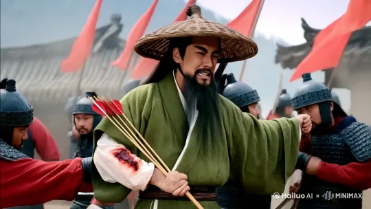 角色在战场上胳膊中了一箭，手臂插着箭，背景是古代战场众将士搀扶他往军营撤退，人物角色穿着参考古代关羽的穿着 by Hailuo AI Video Generator