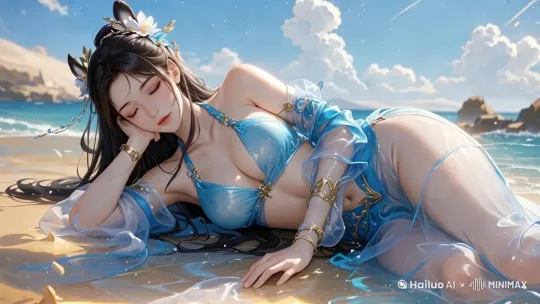 [推进]，整个身体随海浪起伏，眼睛眨巴，嘴巴有飞吻动作 by Hailuo AI Video Generator