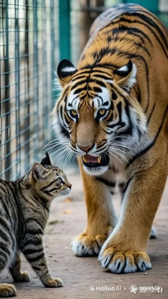 老虎和猫打架，动作迅猛凌厉，一招一式尽显武侠片的热血豪迈，光影交错，动作流畅且极具冲击力 by Hailuo AI Video Generator