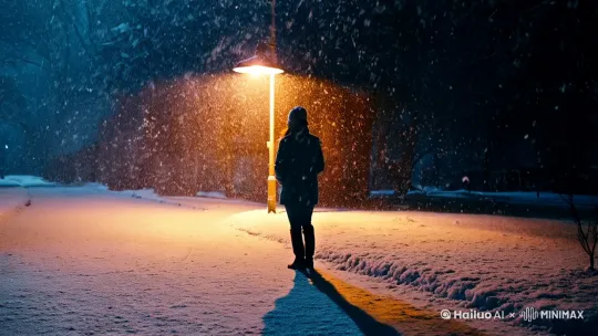 外面下着鹅毛大雪，一个流浪者孤独的现在路灯下，忽然迎面走来一只小狗依偎在流浪者的身旁 by Hailuo AI Video Generator