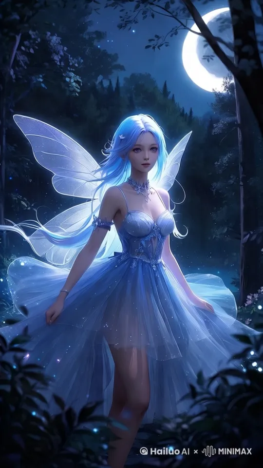 ethereal fairy girl, bioluminescent hair, moonlit forest, flowing tulle dress, soft cinematic lighting, airbrush texture, 8k ultra detailed, Makoto Shinkai style by Hailuo AI Video Generator