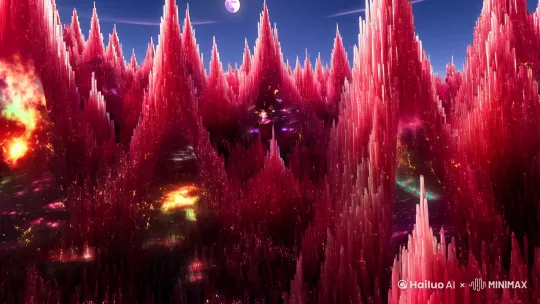 【虚空虹漩·熵烬荒原】
在重力倒错的象限中，悬浮着由三十七种时间流速编织的蜃景。地平线是垂直生长的猩红色晶体丛林，每根棱柱高达九千公里，内部封印着上个宇宙纪元的恒星遗骸，当双月同时升空时，这些星核会投射出平行世界的战争残影。地表流淌着液态的彩虹瀑布，这些粘稠的发光流体实则是被驯化的超新星冲击波，触碰者会瞬间长出七种感官——比如能品尝电磁波谱的舌头，或是看见暗物质涡流的复眼。 by Hailuo AI Video Generator