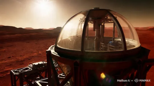 在火星上建造基地，基地由玻璃穹顶和钢结构组成，视角是从穹顶内往外看，火星平坦的平原，远处有起伏的山峦，抬头有耀眼的太阳。 by Hailuo AI Video Generator