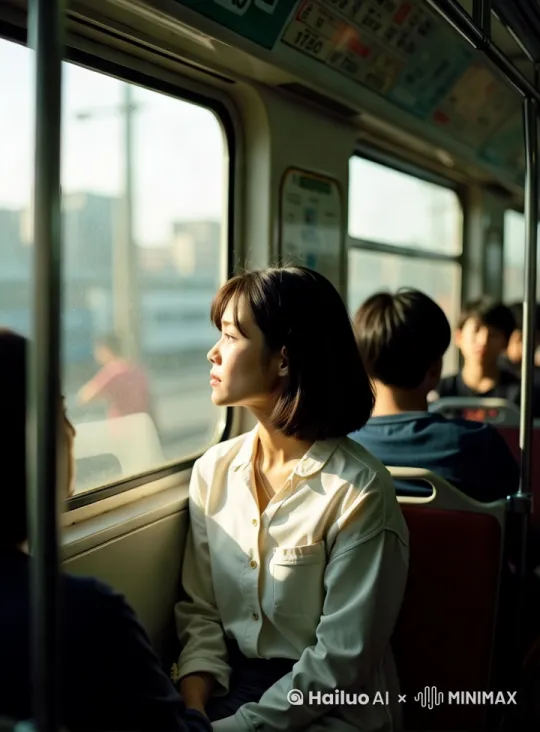 穿白色衣服女人的身体转向车窗，表情若有所思。镜头轻微地上下晃动，镜头很缓慢地推进。 by Hailuo AI Video Generator