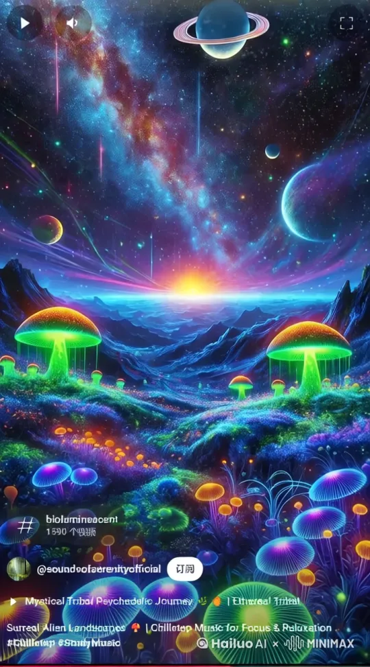 Bioluminescent（生物发光）：画面中充满发光蘑菇和植物，呈现出梦幻的夜光效果，强调生物发光的自然奇观。

Psychedelic（迷幻）：颜色鲜艳、超现实的视觉效果，带有迷幻艺术的特征，适合与迷幻音乐或精神探索相关的内容。

Alien Landscapes（外星景观）：画面展示了一个充满奇异行星、星空和外星植物的场景，像是外星世界的想象。

Ethereal Tribal（空灵部落）：结合了部落风格的元素（如音乐或文化）和空灵、超凡脱俗的氛围。

Chillstep（慢节奏电子音乐）：视频可能配有轻快、放松的电子音乐，适合冥想、学习或放松。

Study Music（学习音乐）：强调视频的用途之一是为学习、专注和放松提供背景音乐。

Mystical（神秘）：整体氛围神秘而梦幻，结合星空、发光元素和超自然景观。

Relaxation（放松）：视频设计用于帮助用户放松，适合冥想或缓解压力。

Galaxy（银河）：画面中可见银河、行星（如土星）和星空，呈现宇宙主题。

Nature（自然）：尽管是虚构的场景，但发光蘑菇和植物元素仍带有自然界的灵感。 by Hailuo AI Video Generator