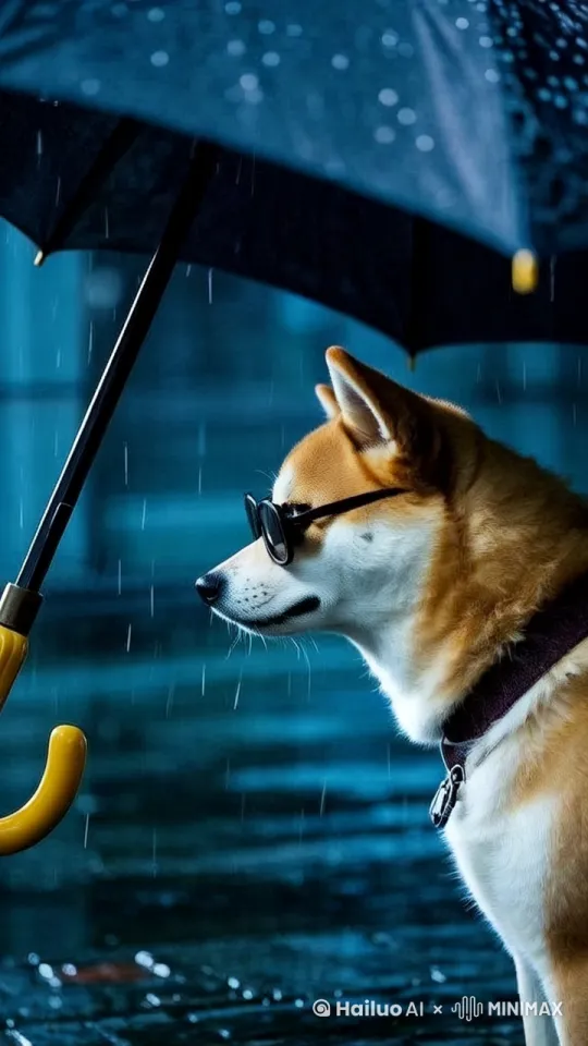 雨越下越大，柴犬缓缓看向镜头，神情悲痛。超高清，电影级色彩，画面不畸变。 by Hailuo AI Video Generator