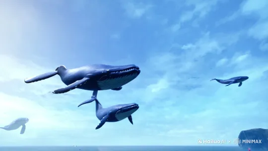转生到异世界，天空有蓝鲸有过，地面微风拂过带起花瓣 by Hailuo AI Video Generator