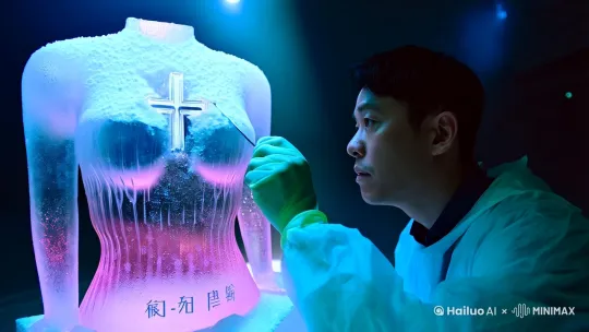 法医的橡胶手套在冰晶表面擦出细微的咯吱声，周野盯着解剖刀在冰雕胸口划出的十字切口，突然想起三年前那个雪夜。当时报案人说妹妹在冰灯游园会失踪，监控只拍到半截红色围巾飘进松花江畔的浓雾。

"皮下组织保存完整，表层皮肤有冻伤后愈合的疤痕。"秦法医的镊子夹起一片半透明的组织，"死者至少被冷冻过两次。"

周野的睫毛结着白霜，哈气在口罩边缘凝成冰粒。展览馆穹顶的射灯将冰雕投射出诡谲的蓝光，那尊名为《蜕》的作品正在融化，冰水混着淡粉色液体渗进展览台缝隙。他蹲下身，看见冰雕底座刻着极小的俄文——Смерть в льду。

口袋里的物证袋突然发烫，装着从冰雕眼部掏出的隐形眼镜。淡蓝色美瞳片上，有针尖大小的生产批号：LN-20191225。这个编号他再熟悉不过，三年前妹妹的隐形眼镜购物单上，圣诞节当天的订货记录像刀刻在卷宗里。

"周队！"实习警员举着平板冲过来，防滑靴在冰面上打滑，"人脸识别有结果了，冰雕原型是美院失踪的模特苏晓冉！"

寒风突然从展馆通风口倒灌进来，周野的太阳穴突突直跳。他想起昨天走访冰雕师林深时，那个年轻人正在用液氮喷枪修整冰胚。工作室冷库的温度计显示-40℃，白炽灯下，林深的脸比冰还苍白："警官不觉得尸体是最完美的雕塑吗？细胞里的水分凝结成六棱冰晶，比任何雕刻刀都精准。"

此刻解剖刀正剖开冰雕的胸腔，秦法医突然僵住。在晶莹的肌理之间，暗红色的心脏正在以肉眼可见的速度腐坏，仿佛某种被惊醒的诅咒。周野凑近时闻到若有若无的福尔马林味，混着雪松香薰的气息，这让他想起林深工作室里那台老式留声机，黑胶唱片永远停在《胡桃夹子》的第八乐章。

"通知技侦组封锁糖厂旧址。"周野扯下手套，冰水顺着指尖滴在苏晓冉的死亡照片上。失踪者档案在平板电脑里自动翻页，2019到2022年的七名受害者，瞳孔颜色从榛子褐渐变成冰蓝色，就像有人在进行一场残酷的色谱实验。

警车碾过结冰的松浦大桥时，车载电台突然插播紧急新闻："本届冰雕大赛金奖作品《永生》突发坍塌事故，据悉这件参赛作品重达二十吨......"

周野猛打方向盘冲向江心岛。后视镜里，暮色中的圣索菲亚教堂穹顶正在降雪，铅灰色云层沉沉压住拜占庭式的十字架。他握紧方向盘，指甲陷进三年前被冰碴划伤的旧疤——妹妹最后那条语音留言突然在耳边炸响："哥，我看到冰里有人眨眼！" by Hailuo AI Video Generator
