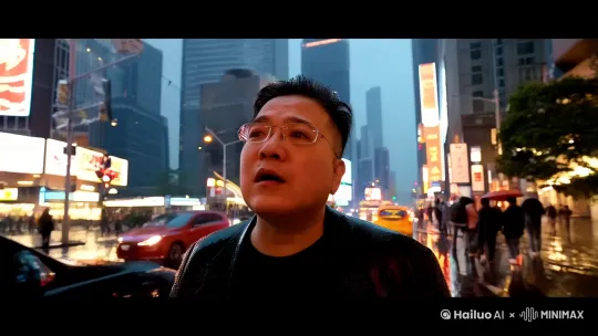 穿梭在车水马龙的城市马路上，天空下着雨，边走边感情丰富的在唱歌 by Hailuo AI Video Generator