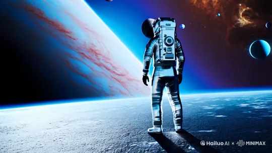[左移,推进,右摇]令人非常震撼的航员在太空观望中星球的视频。背景音乐要求要符合且震惊人。 by Hailuo AI Video Generator