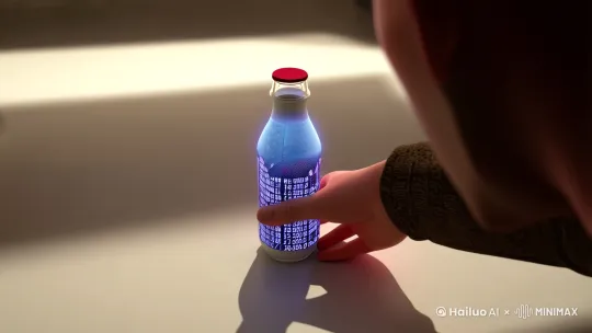 "当拿起酸奶时，瓶身标签爆发出二进制代码洪流，数字瀑布从瓶口倾泻而下汇聚成'¥12.8'的全息投影" by Hailuo AI Video Generator