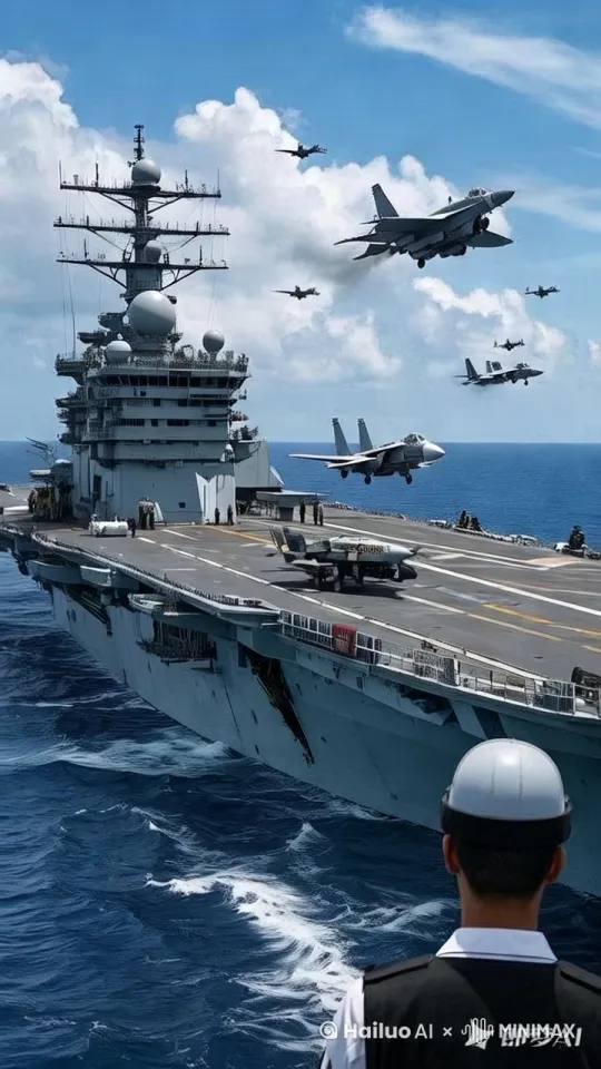 航空母舰，在海上游行，飞机在甲板上起飞，电影的特效？ by Hailuo AI Video Generator