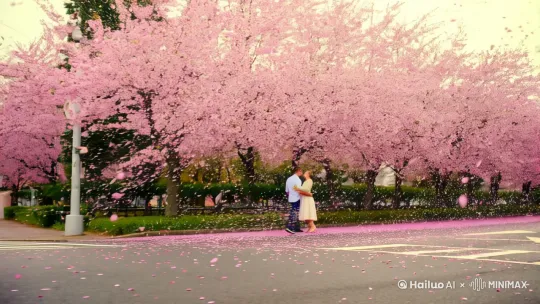 像网上很火的樱花雨，在十字路口 by Hailuo AI Video Generator