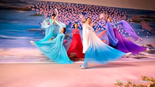 "汉服五姐妹同台，红/青/白/金/紫渐变纱裙，在悬浮山水画卷上跳扇子舞，运镜从俯拍全景切换到仰拍水袖翻飞，AI特效生成桃花瓣随动作飘落，背景音乐用《青花瓷》戏腔remix版" by Hailuo AI Video Generator