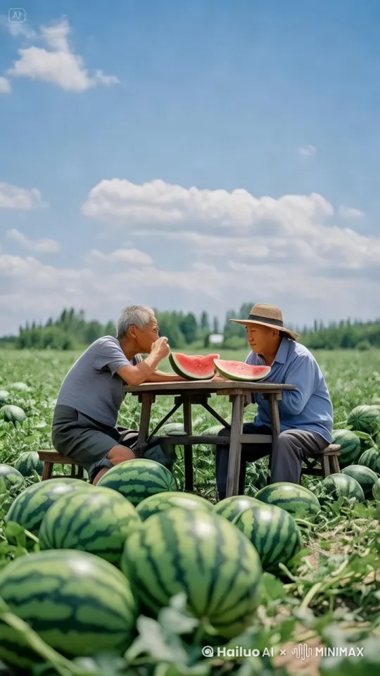 镜头跟随，动态移动，在一大片西瓜地里，一位光头老人和另一位带草帽老人腾空而起，互相拳打脚踢，光头老人拍打草帽老人的脸，本料草帽老人用手完美挡住，并用脚踢了光头老人的头，动作飞快，出手出脚神速，功夫不相上下，武林高手，打得热火朝天，动作行云流水，干脆利索，场面非常吸引人，地面的西瓜都踩的粉碎，四处滚动，方桌也掀翻在地，场面吋今乱，周围人 纷纷鼓掌，超现实，电影大片感觉，8K超高清。 by Hailuo AI Video Generator