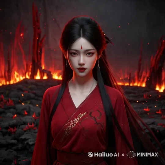 正视图，中景，全身，拟人化(毕方)，前景有火山岩浆红色植物的遮挡，一位	古代女性，清澈的眼睛，头顶长出红色的毕方羽冠，额头出现红色的火焰印记,	脸庞两侧长出红色的羽毛，身穿红色的古代丝绸长裙，裙身绣着金色的火焰图
案，腰间系着金色的丝带，站在一片火山岩浆流淌的红色植物丛中，古老火山岩石，岩浆流消，红色植物在岩浆的映衬下更显生机，阳光透过火山口的烟雾洒下，形成斑驳的光影，画面色调以红色和金色为主，营造出炽热而神秘的氛围。
奇幻艺术美学，中国怪诞美学，中国神话美学，虚幻引擎渲染，梦幻引擎。	
高分辨率，大片感，眼睛注视前方，微粒发光，逼真的超细节渲染，顶级高清，顶级品质 by Hailuo AI Video Generator