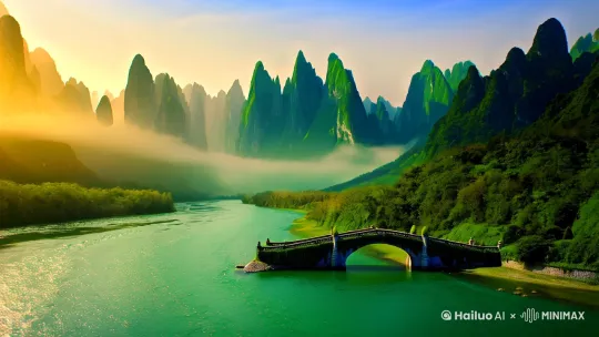 真实摄影，高质量，超清画质，8K分辨率，每秒60帧，超流畅，电影级画质
画面主体：
 
- 远景：连绵不绝的山脉，峰峦叠翠，如巨龙蜿蜒盘踞，山尖在晨曦中被染上一层金色。
 
- 中景：一条玉带般的河流穿梭于青山之间，河水波光粼粼，河上横跨着一座古朴的石拱桥，桥身爬满翠绿的藤蔓。
 
- 近景：溪边垂柳依依，细长的柳枝随风轻舞，桃花树错落分布，粉色花瓣随风飘落，散落在草地上和水面上。
 
场景氛围：
 
- 清晨时分，山间弥漫着淡淡的晨雾，雾气轻薄如纱，如梦似幻，给山水蒙上一层神秘的面纱。阳光透过雾气，形成一道道柔和的光线，营造出温暖而宁静的氛围。空气中弥漫着泥土的芬芳、青草的香气与桃花的甜香。
 
主体行为：
 
- 河水缓缓流淌，带动着水面上的花瓣顺流而下。
 
- 微风拂过，垂柳的枝条轻轻摆动，偶尔有花瓣从枝头飘落。
 
构图方式：
 
- 整体采用三分法构图，将天空、山脉与河流合理分配画面空间，突出山水的层次感。
 
- 镜头移动时注重前景、中景和背景的搭配，如以垂柳或桃花作为前景，增加画面的纵深感。
 
艺术风格：
融合中国传统工笔山水与现代清新风格，既保留工笔画细腻精致的笔触，又融入现代审美对色彩与光影的处理，色彩清新淡雅，以青、绿、粉、白为主色调，营造出唯美、诗意的视觉感受。
 
图像质量：
每一帧画面都细节满满，从山脉岩石的纹理、树叶的脉络到花瓣上的露珠都清晰可见。光线和色彩过渡自然，光影效果逼真，仿佛能让人感受到清晨阳光的温度和雾气的湿度。画面色彩饱和度适中，对比度恰到好处，展现出细腻且生动的视觉效果。 by Hailuo AI Video Generator