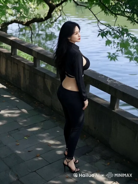 时尚街拍风格，一位穿着黑色修身西装外套与紧身裤的现代都市女性，站立于古朴石桥边缘，脚踏细高跟鞋，尽显优雅气质。微风吹拂，她的长发轻盈飘逸，与身后平静河面的倒影相映成趣。夏日午后，斑驳阳光穿透繁茂绿树，洒落在她身上，增添了几分神秘感。她侧身倚靠石栏，微微偏头，双手环抱胸前，眼神犀利，仿佛能洞察人心。画面捕捉了这一刻的静谧与动感交织，中景侧面角度，展现出女性的独立与自信。[固定镜头][左移] by Hailuo AI Video Generator