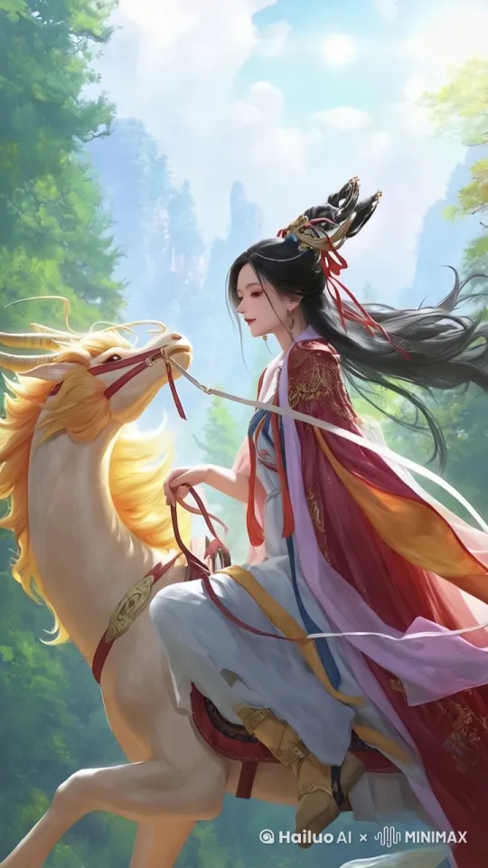 仙侠风格画面，身着华丽古装的女子骑在走动的神兽上，神兽四肢动态呈现行走姿态 ，周围弥漫着轻盈的烟雾营造神秘氛围，女子长发在风中肆意飘扬，眼神灵动且微微转动看向一侧 。 by Hailuo AI Video Generator