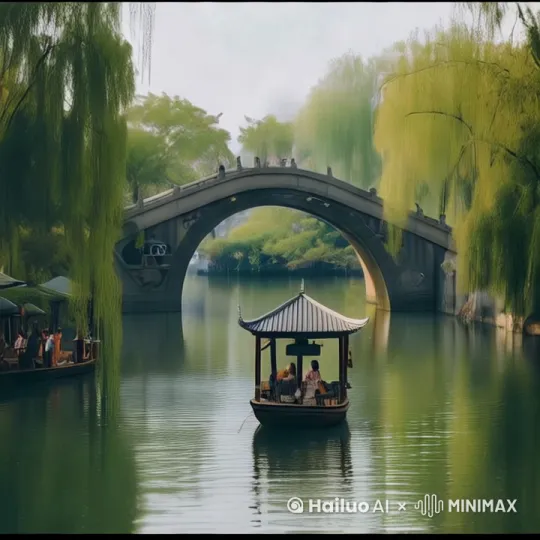 河水流动，小船往前走，树梢被风吹起 by Hailuo AI Video Generator
