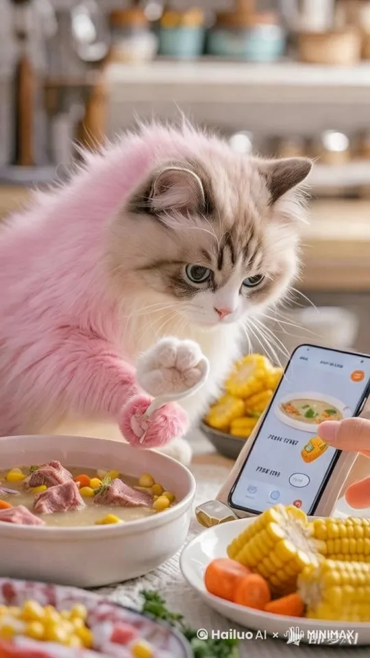 猫咪踮脚打开砂锅（锅盖发出叮当声）
爪爪依次推入食材（慢动作排骨入锅）
尾巴卷着汤勺搅拌（汤汁冒小气泡）
- 字幕："大火煮沸转小火炖1.5小时~期间记得撇浮沫哦"
- 背景音：咕嘟咕嘟声+猫咪呼噜声 by Hailuo AI Video Generator