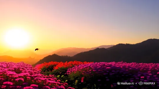「暮色把云絮揉进花浪，蜜蜂翅尖驮着夕阳最后一抹胭脂。远山褪成水墨剪影，田埂上晾晒的蓝布衫正摇晃着童年歌谣」 by Hailuo AI Video Generator
