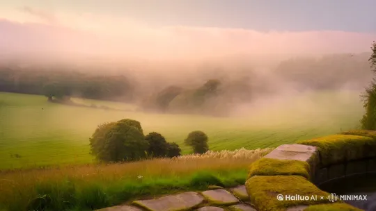 Create a 10-second video with the following elements:
1. **Scene**: A tranquil countryside at dawn, with mist covering the fields and woods. A ancient well stands at the center, covered in moss, with faint symbols carved into the stones around it.
2. **Camera Movement**: The camera slowly zooms in from a wide shot of the countryside to the ancient well, then slowly circles around it, and finally zooms out as the village disappears into the thick mist.
3. **Eerie Elements**: The surface of the well water ripples eerily, reflecting a blurry face of a child. Whispering sounds and faint heartbeat sounds can be heard in the background. A child's silhouette stands in the field, facing the well, as the mist grows thicker.
4. **Sound Effects**: Soft bird chirping and wind rustling, with whispering and dripping water sounds gradually becoming clearer. The whispering intensifies, and a faint heartbeat sound is added.
5. **Text Overlays**: 
   - "Qingmucun, a forgotten place."
   - "The Legend of the Guardian."
   - "Do you hear it?"
   - "He is waiting."
   - "Qingmucun, the eternal secret."
6. **Color and Lighting**: Soft lighting with the warm glow of dawn, gradually deepening shadows and thickening mist for a mysterious atmosphere.
7. **Special Effects**: The camera slowly circles the well, with increasing mist effects, and finally fades to black. by Hailuo AI Video Generator