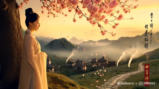 中国古典水墨画风格，一位温婉的古代女子站在繁花似锦的桃树下，微风轻拂，花瓣飘落。她身穿素雅的汉服，发髻高挽，侧脸轻盈，眼神温柔，仿佛在回忆往昔。画面背景是朦胧的远山与炊烟袅袅的村落，一条石板小径蜿蜒至远方，暗示着时间的流逝与空间的距离。画面右侧，一串行楷题字：“姑娘你模样，仍在心深藏”。全景，以桃树为中心，女子位于黄金分割点，营造出诗意与静谧的氛围。 by Hailuo AI Video Generator