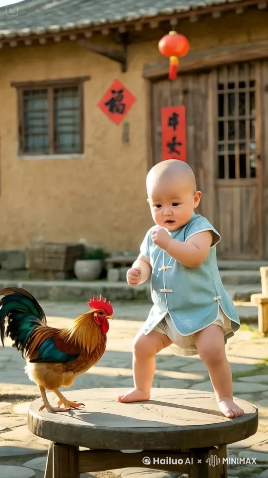 画画面中的小男童和大公鸡史诗般暴力打斗场面，镜头跟随图片中的小男童和大公鸡拳打脚踢，快速动作片儿，小男男童和大公鸡生死战电影级别。小男童和大公鸡拳打脚踢，动作快，旋转旋风踢，跳起来打斗 by Hailuo AI Video Generator