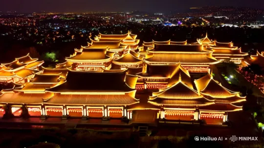 夜晚元宵灯会  古建筑群   灯火辉煌[推进,上升] by Hailuo AI Video Generator