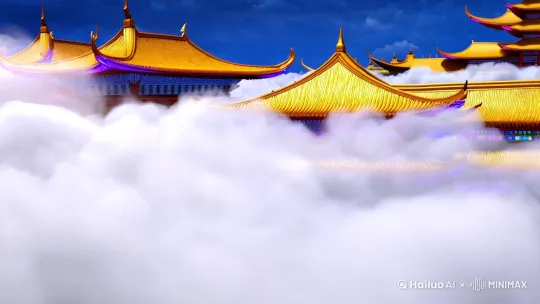 镜头从混沌云海中缓缓升起，伴随编钟与电子音混合的鼓点渐强。琉璃金瓦的天庭建筑群在翻涌的云层间若隐若现，斗拱飞檐折射出七彩光晕。突然一道赤金流星划破云层，孙悟空脚踏藕丝步云履在祥云间连续空翻，火眼金睛迸发鎏金色光柱扫过天庭结界。[左移,推进,右摇] by Hailuo AI Video Generator