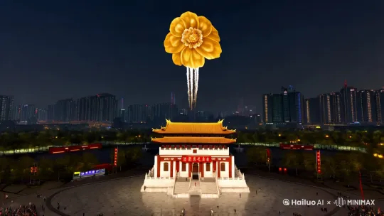 【核心要素】
1. 广场特征
- 真实还原周口五一广场地标（参考卫星图经纬度：33.6145°N, 114.6321°E）

2. 烟花特效
- 主烟花弹道轨迹：从广场西南角（画面左下1/3处）垂直升空
- 烟花类型：牡丹型礼花弹（直径300mm）
- 绽放效果：金色外层→红色内芯→银色星雨衰减→蓝色鸽子
- 伴随5-8个不同颜色的辅助烟花同步升空
- 空中残留烟雾需符合流体力学模拟

3. 镜头运动
- 初始视角：低角度跟拍主烟花升空（焦距35mm，f/2.8）
- 第5秒切换至航拍视角（高度150米，俯角30°）
- 第15秒镜头缓降并做360度环绕
- 全程保持cinematic 24fps帧率

4. 物理模拟
- 烟花升空初速度：280m/s
- 爆炸高度：180-220米
- 火星下落速度：9.8m/s²加速度
- 光影交互：烟花照亮广场时建筑投影方向需与光源一致

5. 环境细节
- 时间设定：跨年夜00:00
- 天气：晴朗（湿度40%，能见度10km）
- 背景音效：隐约的人群欢呼声（声压级55dB）
- 地面反光：符合广场大理石材质PBR参数

【技术参数】
- 分辨率：4096×2160 
- 色深：10bit HDR
- 动态范围：16档
- 编码格式：ProRes 4444 XQ by Hailuo AI Video Generator