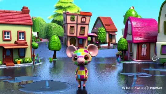 A whimsical and charming 3D render of a lovable Patchwork mouse in the rainy streets of Chibi Toy Town. The mouse is made of various colorful fabrics, creating a patchwork design on its face. Its eyes are large, expressive, and filled with curiosity. The whimsical cinematic shot captures the mouse's adorable chibi-style charm, with raindrops falling around it. The background reveals a miniature world, with rain-soaked rooftops, tiny puddles, and other small, quaint buildings, all adding to the magical atmosphere. by Hailuo AI Video Generator