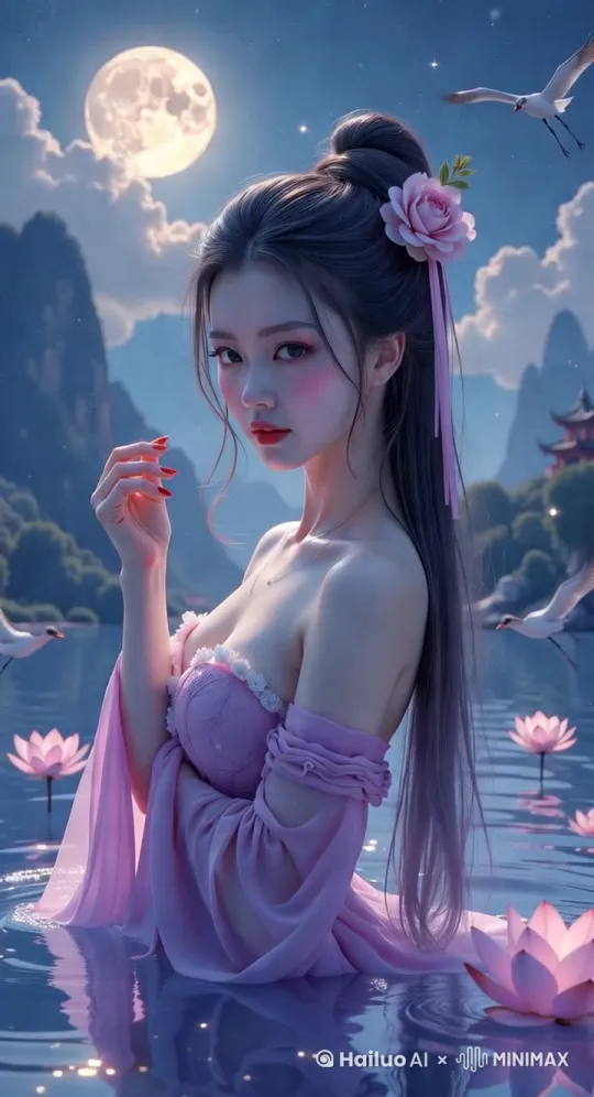月亮白云仙鹤动起来 ，美女从水中旋转出来激起水花 by Hailuo AI Video Generator