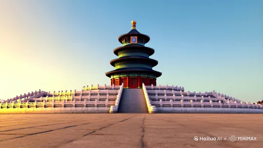 0 - 2秒 画面从空荡的天坛远景逐渐拉近，阳光洒在古老的建筑上。接着，画面左侧出现橘色胖猫猫的一小部分身体和粉色电动车车头。 
2 - 5秒 橘色胖猫猫戴着粉色头盔，圆滚滚的身体把电动车座位挤得满满当当，它慢悠悠转动车把，骑着Q版粉色电动车驶入画面，脸上带着得意的神情。
胖猫猫继续骑行，画面展示它和天坛的全景，胖猫猫好奇打量着天坛。 by Hailuo AI Video Generator