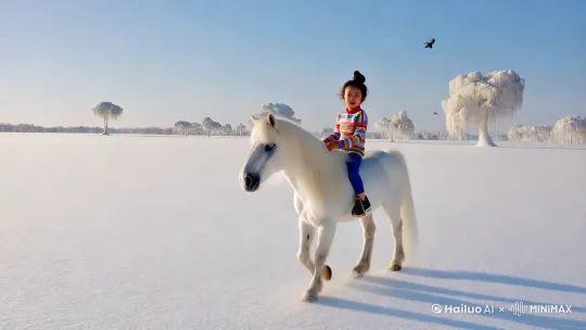 一个小女孩骑着一头独角兽在茫茫的雪原中，慢慢的走来 by Hailuo AI Video Generator