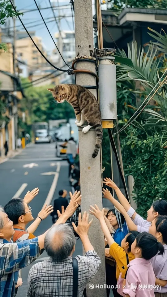 猫咪迅速向上爬，碰到电线时，猫咪身上火花四溅，被电倒，掉落到地面上
 by Hailuo AI Video Generator