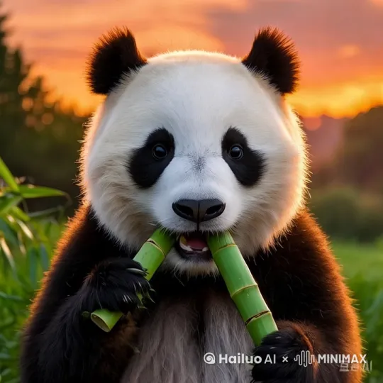 帮我生成图片：制作一个20秒的视频，熊猫吃竹子，要求有夕阳的背景和搞笑 的表情，活泼可爱点。 by Hailuo AI Video Generator