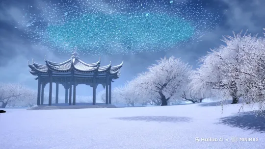 《七律·雪》
玉蝶纷飞辞月殿，琼妃漫舞下瑶台。
偷藏梅魂三分白，借取柳眼一点皑。
银粟轻扬遮望眼，梨花漫洒没尘埃。
劝君莫怨芳菲晚，且待东君送暖来。

赏析：这首作品以雪为题，通过拟人手法将雪喻为“玉蝶”、“琼妃”，生动描绘了雪花纷飞的景象。诗中“偷藏梅魂”、“借取柳眼”等句，巧妙展现了雪与其他自然元素的交融。尾联“劝君莫怨芳菲晚，且待东君送暖来”，则寄托了对春天到来的期盼，寓意寒冬终将过去，温暖必将来临。 by Hailuo AI Video Generator