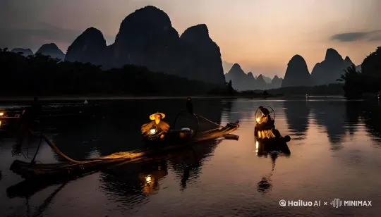 [右移，上摇] 电影效果，鸟儿飞翔俯视下江面风景，安静祥和的傍晚，盏盏渔火点缀着漓江 by Hailuo AI Video Generator