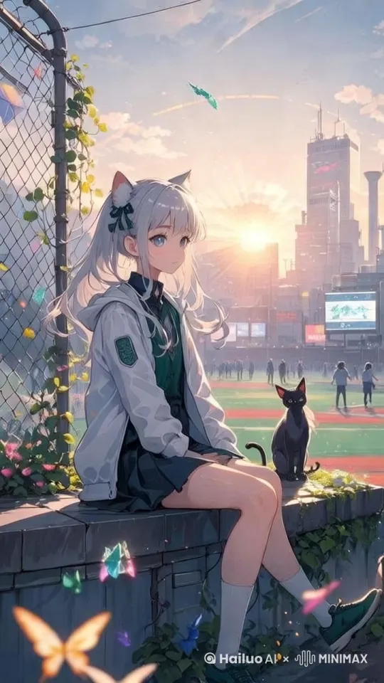 夕阳悬于城市高楼之巅，将暖金色的光辉肆意倾洒在操场上。围栏边的藤蔓在余晖中闪烁着细碎的光，彩色的蝴蝶萦绕其间，似在等待一场奇妙的演出。
 
身着校服的少女，猫耳随着微风轻轻抖动，浅灰色的长发如丝缎般在肩头滑下。她深吸一口气，双手缓缓抬起，仿若要拥抱这温柔的黄昏。绿色的眼眸中透着专注与沉醉，像是与周围的世界建立起了独有的联系。
 
她迈出第一步，运动鞋轻盈地踏在跑道上，发出轻微的“哒哒”声。随着节奏，她的身体开始舒展，每一个关节都像是被赋予了生命，流畅地转动、弯曲。校服外套随着她的舞动而飘动，衣袖划出优美的弧线，好似振翅欲飞的羽翼。
 
一旁的黑猫，原本安静地蹲坐，此时也站了起来，尾巴随着少女的动作轻轻摇晃，琥珀色的眼睛紧紧盯着她，仿佛在为她的舞蹈打节奏。操场上原本喧闹的人群，也渐渐安静下来，目光都被这独特的舞者吸引。
 
少女旋转起来，长发飞扬，裙摆在空中绽放，如同盛开的花朵。她的步伐时而急促，似在追逐落日的最后一丝光芒；时而缓慢，如同在品味微风中的芬芳。周围的蝴蝶被她的热情感染，纷纷围绕着她飞舞，在她身侧编织出一道梦幻的光环。
 
当最后一缕阳光消失在天际，少女停下了舞步，微微喘息，脸上洋溢着满足的微笑。此刻，操场上响起了热烈的掌声，而那只黑猫也“喵”了一声，似在为这场完美的舞蹈喝彩 。 by Hailuo AI Video Generator