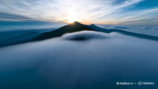 超广角俯视、鱼眼畸变的无人机镜头，从云雾缭绕的高空远景起，展现五台山佛光普照、灵光闪烁的神秘全景，光环隐约可见。镜头缓缓推进，哪吒之魔童降世中站立的背影逐渐清晰，直至聚焦在哪吒身上，特写其随风飘动的发丝和背后的混天绫 by Hailuo AI Video Generator