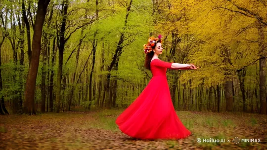 一个美女穿着红色的裙子，头戴头上插满了鲜花，在一片树林前面跳舞，树林从春天，的绿色变成秋天的黄色 by Hailuo AI Video Generator