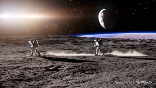 宇宙空间，太阳系背景，月球上两个宇航员快速行走，月球悬浮，3 分构图，镜头左移缓慢拉进，全景相机拍摄，写实风格，超清分辨率， 3d效果图， by Hailuo AI Video Generator