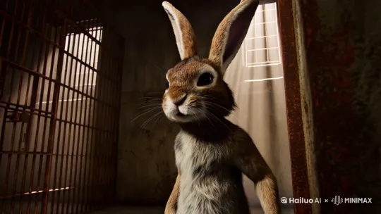 A 3D render of a gritty scene of a bunny in prison. The bunny has a tough and hardened appearance, with its fur showing signs of wear from prison life. The bunny is defiance and survival. The background is a dimly lit prison cell with rusty bars. The atmosphere is tense and gritty. by Hailuo AI Video Generator