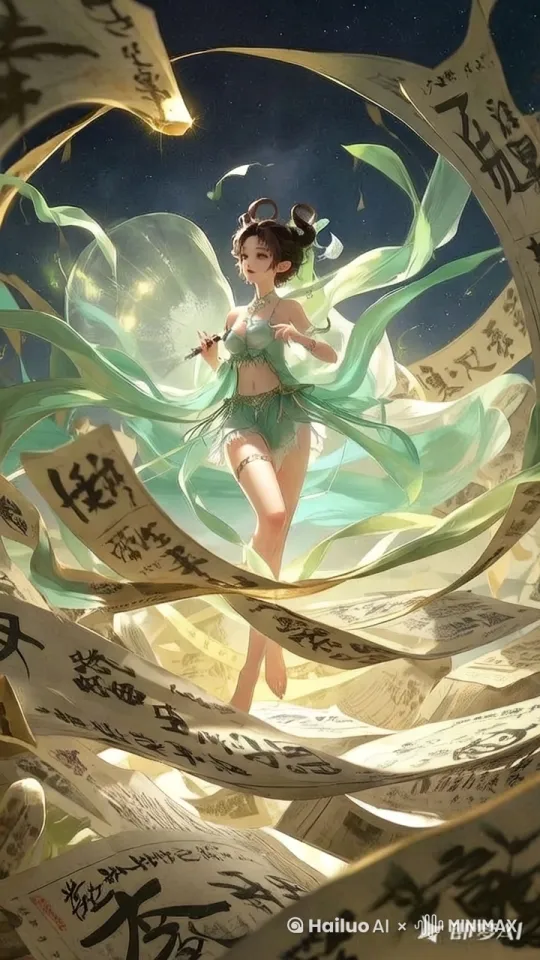 [左移,推进,右摇]文字在飘动，一个小小的人。浅蓝色纱幔写满金色的毛笔字。满屏书法字神秘氛围，巨大的纱幔飞舞飘逸。立体感，强烈的立体感，浅金色，白色渐变梦幻意境。浪漫飘逸生物学发光体，仰视浪漫古风，星汉灿烂新工笔。宏大场面震撼感，立体3D文字在飘动。时长7秒 by Hailuo AI Video Generator