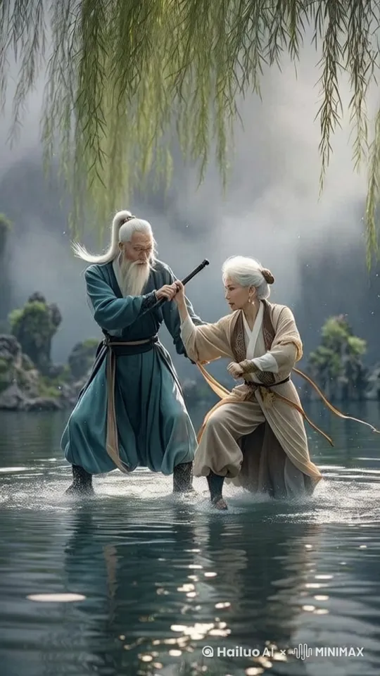 吏诗般的暴力打斗场面,镜头限随图片中的爷爷拳打脚踢快速暴力动作片,生死战,电影级,3d版围绕两人拳打脚踢动作非常快速,打出幻影,其中一奶奶跳到半空中像陀螺一样旋转风踢,3D围绕跟随人打斗打出爆裂烟雾 by Hailuo AI Video Generator