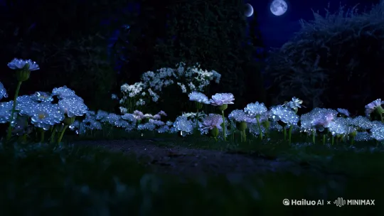 午夜时分，花园内一片静谧，每朵花的花瓣在月光下泛着微光，轻柔摇曳。镜头缓缓推进，展现花瓣上细小的露珠闪烁，如同点缀其间的宝石。一只黑猫悄然现身，它的眼睛在暗处发出幽光，沿着小径悄无声息地巡视，仿佛是这片神秘花园的守护者。它的步伐轻盈，每一步都显得格外谨慎，与周围环境融为一体，彰显出一种独特的神秘氛围[左移,推进,右摇] by Hailuo AI Video Generator
